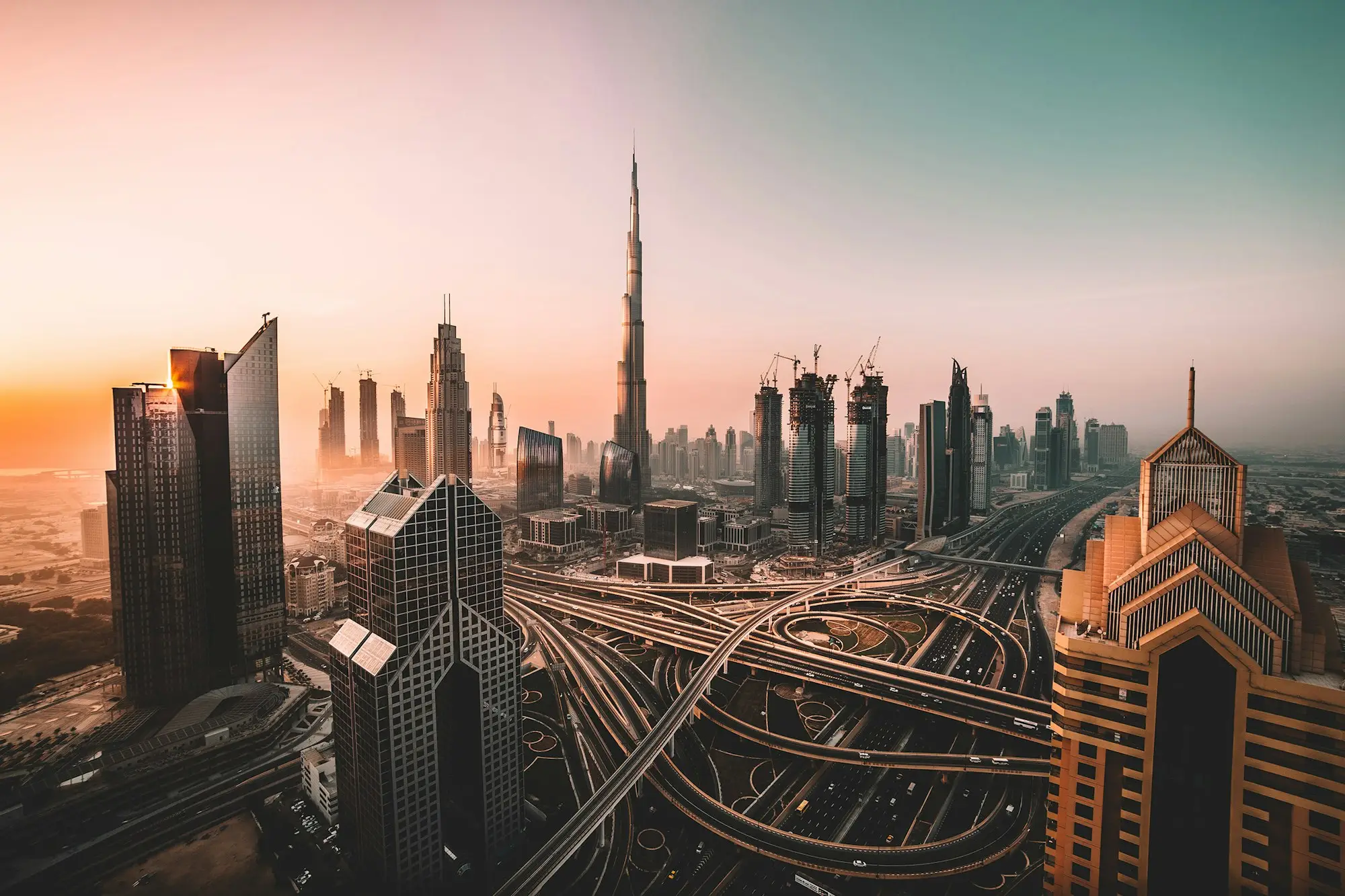 Dubai skyline at dusk with Sheikh Zayed Road towers